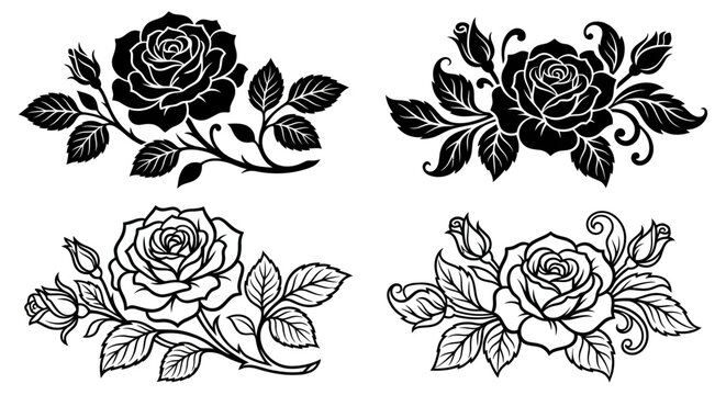 Floral ornament featuring rose blossoms and leaves in black and white