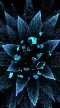 青い結晶粒子が花のように広がる黒背景の縦型動画