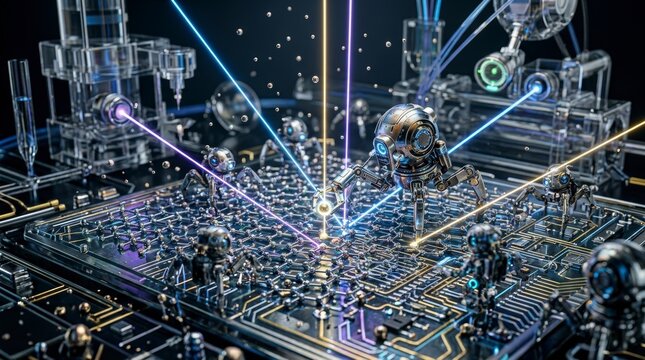 Microscopic robot machines build molecular structures with laser beams on futuristic circuit board.