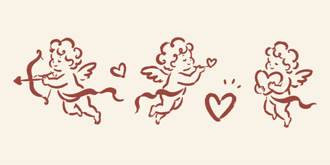 Fototapeta premium Cupid Cherub Love Characters Hand Drawn Set Illustration