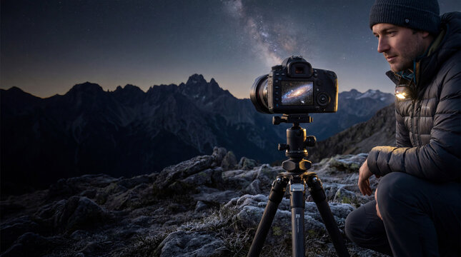 Male photographer checking DSLR camera on tripod during nighttime mountain capture