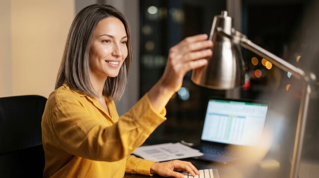 Smiling businesswoman adjusting metal desk lamp while working late at office