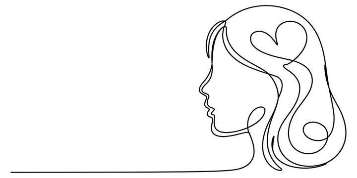 Continuous single line drawing of a woman head profile with a heart shape inside her hair isolated on a white background Vector, illustration