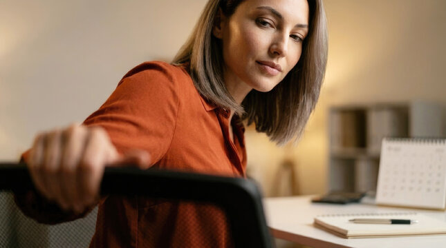 Young businesswoman holding office chair while standing up from desk at workplace