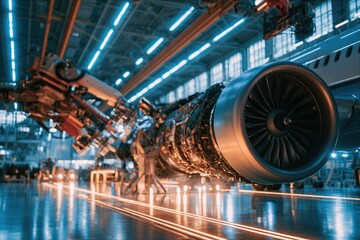Fototapeta premium Stunning fine-art industrial engineering photograph inside a massive commercial aviation maintenance hangar with exposed jet engine turbine