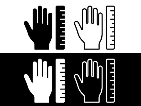 Hand length size measurement icon set, glove sizing dimension guide and palm scale elements