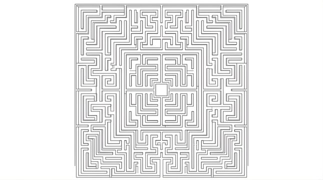 Black and white square maze puzzle with central opening for game design