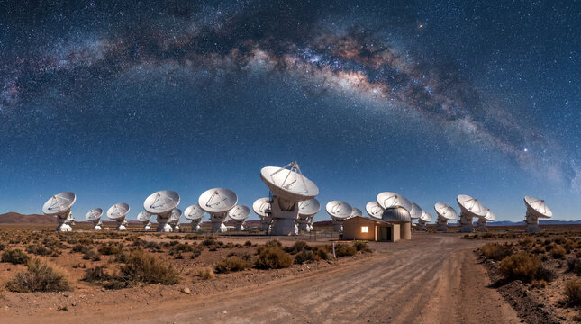 Wide shot of massive radio telescope dishes in Atacama desert under starry night sky