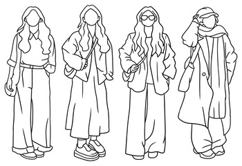Fototapeta premium Collection of modern trendy girls in casual street style clothing line art. Black and white vector fashion illustrations, ideal for adult coloring book pages and creative design