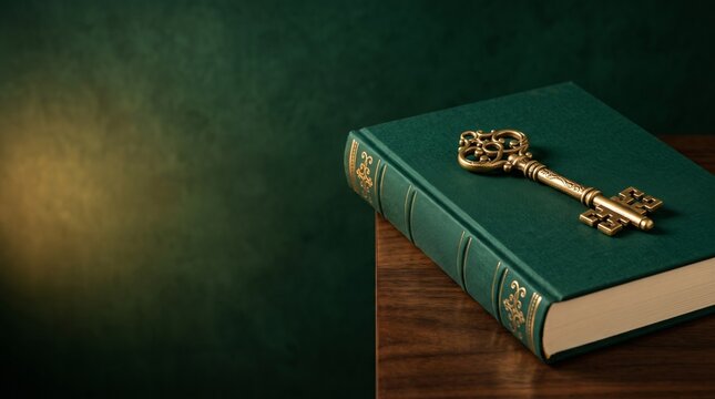 Antique Golden Key Resting on a Closed Vintage Green Hardcover Book on a Wooden Surface