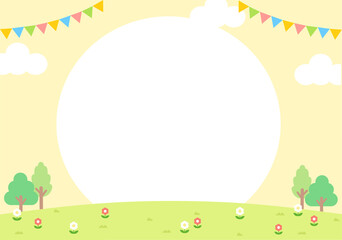 Naklejka premium Cute Yellow Kindergarten Frame with Party Flags and Floral Border