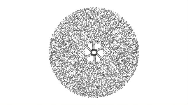 Circular tree of life illustration with intricate branches and leaves