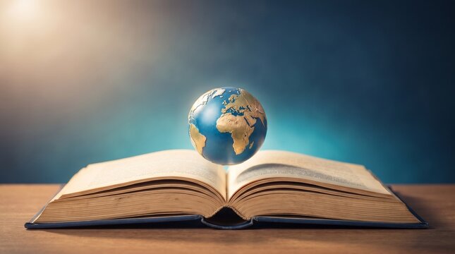 Open Book With Floating Globe Representing Global Knowledge and Worldwide Education