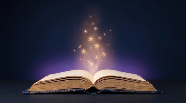 Magical open book with glowing stars and radiant light against dark blue background conceptualizing imagination and wisdom