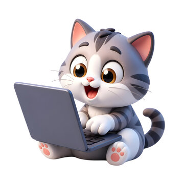 International Cat Day cute grey kitten using a modern laptop computer for work.