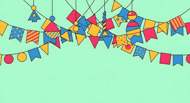 Happy birthday colorful bunting flags on a mint green background