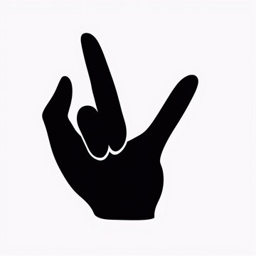 Hand making rock on gesture for music concert. Black silhouette of raised fist with extended index and pinky fingers for heavy metal sign.
