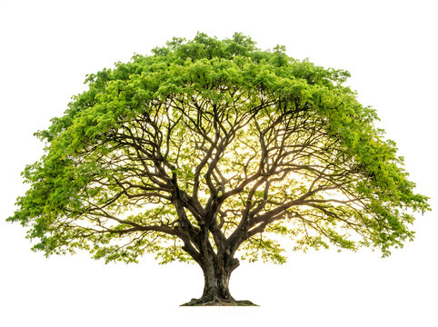 Large majestic rain tree with lush green foliage isolated on white background