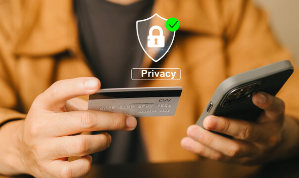 Person Using Smartphone for Online Purchase with Privacy and Security Icons