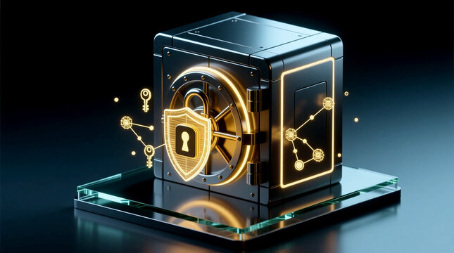 Secure digital vault with glowing shield and network nodes essential for futuristic business innovation startup data protection in sleek environment