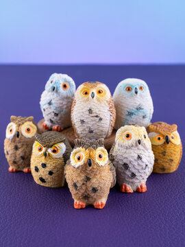 Close-up of colorful miniature owl figurines for home decor arranged on a vibrant purple background. Cute decorative ornaments