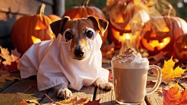 Cute Dog in Ghost Costume with Pumpkin and Autumn Leaves Halloween