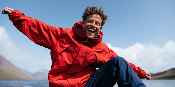 Close up joyful man in red jacket jumping with blue sky and mountain background for outdoor portrait banner and lifestyle layout