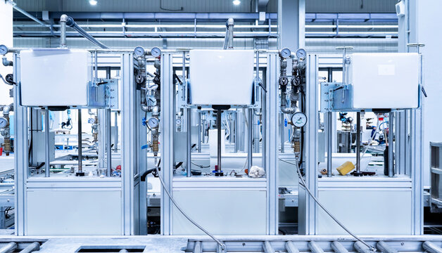 Scene of an automated production workshop for ceramic toilets in a bathroom fixture factory