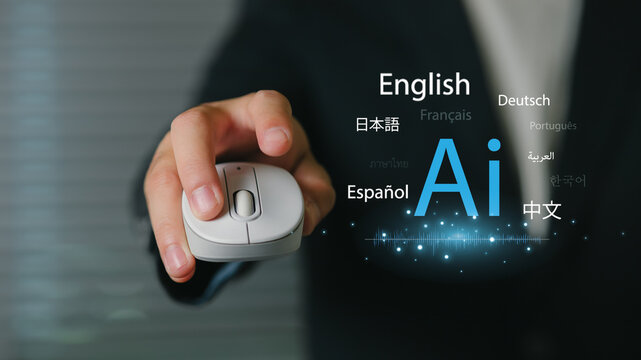 Businessman pointing at digital screen with language icons and artificial intelligence concept