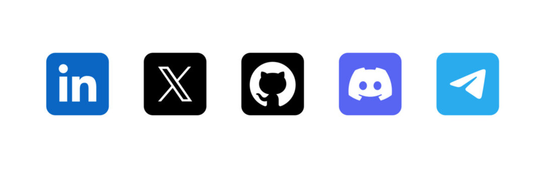 Social Media Icons Collection 2026, Social Media Network Icons Set, LinkedIn, X, GitHub, Discord, Telegram Colorful and Black Logos