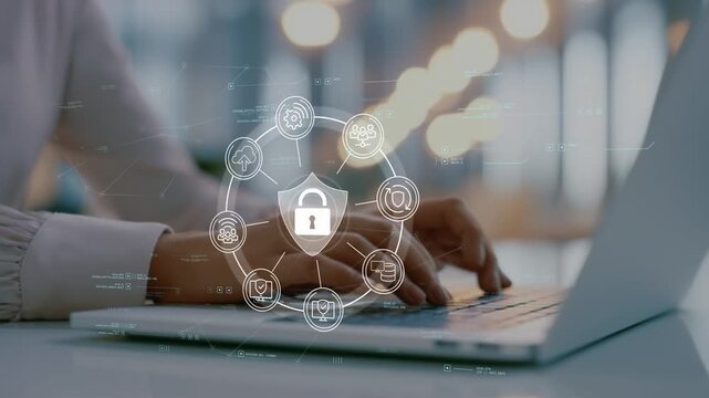 Financial data security and digital privacy strategy protecting sensitive business information, online transactions and confidential records through cybersecurity controls and businesswoman leadership