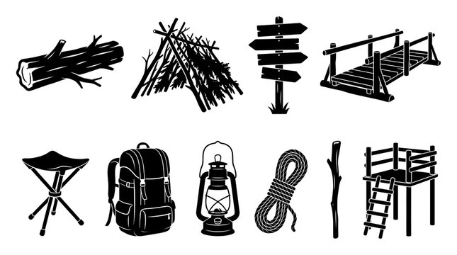 Forest adventure and bushcraft icon set with wood log shelter trail sign bridge camping stool backpack lantern climbing rope and observation tower black vector illustration