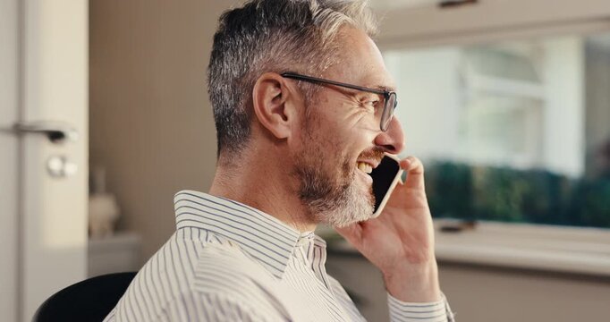 Home office, man or happy with phone call for business, sprint planning or campaign update in WFH. Remote work, mature growth lead or mobile chat for marketing vendor contact, project brief or laugh