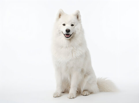A beautiful samoyed dog sitting and smiling, looking at the camera, isolated on white background