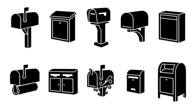 Mailbox and postbox vector icon set with traditional curbside mailbox wall mounted letterbox newspaper holder apartment mailbox and vintage post box black silhouette illustration