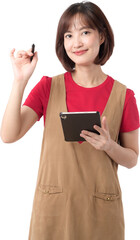 Asian woman holding tablet and stylus in work apron with confident smile isolated on transparent background © Jirawatfoto
