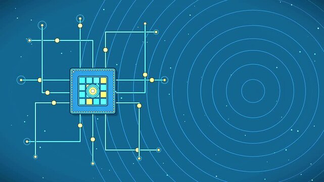 Abstract Ocean Blue Microchip Circuit Board Animation with Radar Concentric Circles
