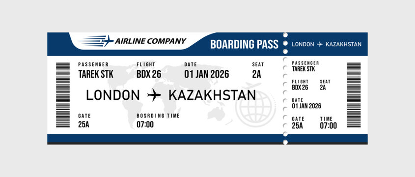 Blue and white airline boarding pass template for flight from london to kazakhstan with map, barcode, and passenger information details