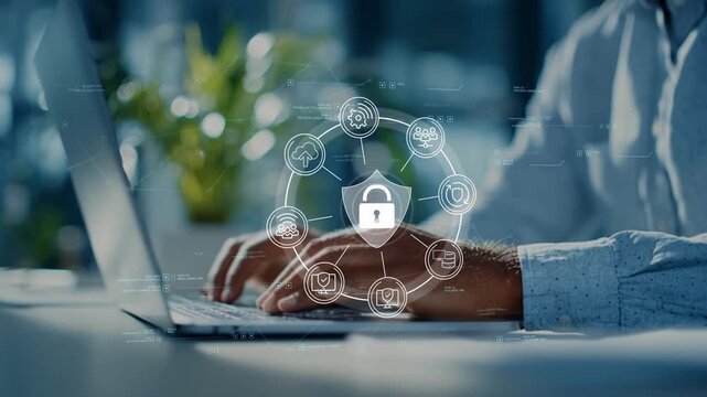 Identity and access management for secure business systems with authentication, user verification, digital privacy and enterprise cybersecurity, managed by a business professional in modern office