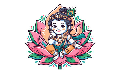 Cute cartoon vector illustration of cute little Lord Krishna resting his head on hand while sitting on a lotus flower isolated on white.
