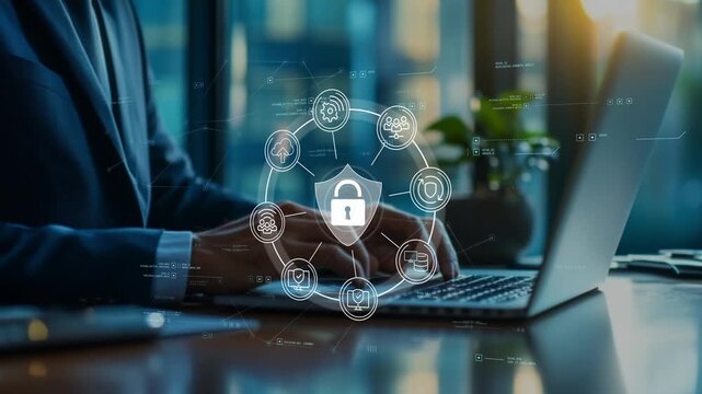 Businessman managing cybersecurity and digital data protection with secure business infrastructure, encrypted information, access control, privacy management and modern enterprise security solutions