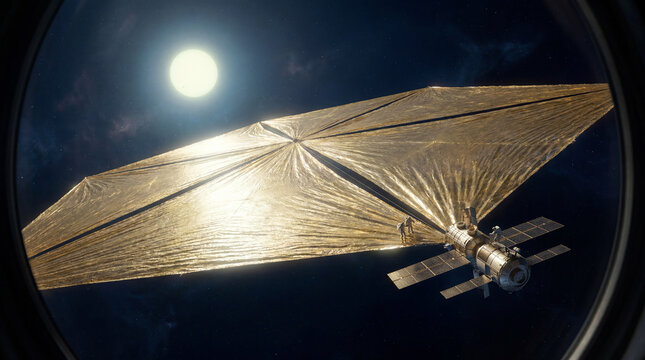 View of a Space Station with Massive Reflective Golden Solar Sails in Deep Space