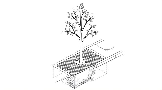 Isometric line drawing of a street tree with metal grate and root system