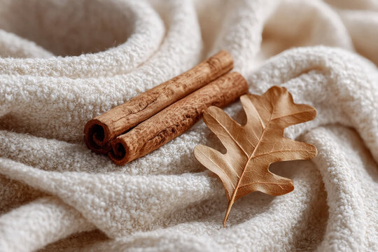 Cozy ivory boucle fabric with cinnamon sticks and oak leaf styled in soft natural light, premium autumn wellness concept for home, beauty, hospitality, and seasonal branding
