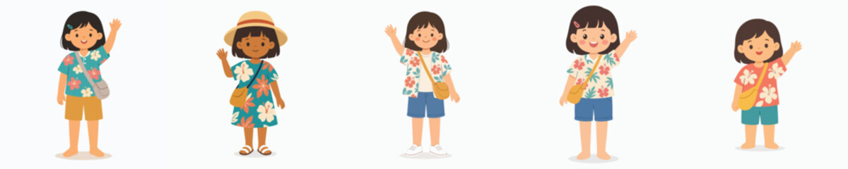 Fototapeta premium Flat vector illustration of a little girl in a summer outfit standing and waving