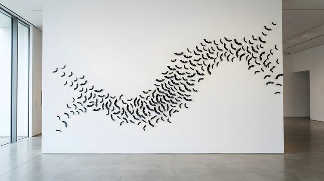 Abstract black birds forming a swirling pattern on a bright white wall