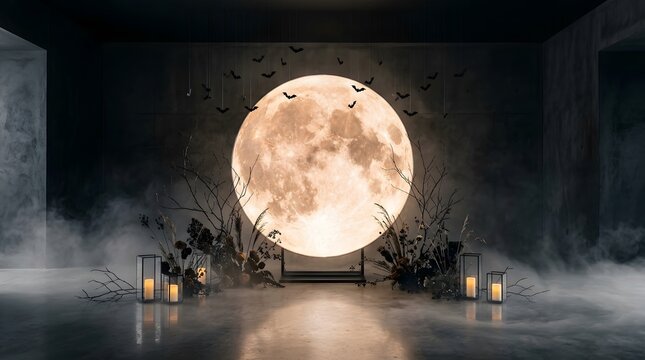 Dramatic installation of a large illuminated moon sculpture in a darkened gallery space