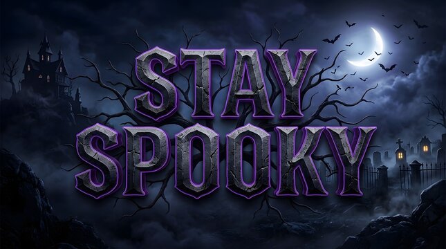 Spooky halloween text with a dark and eerie haunted house background at night