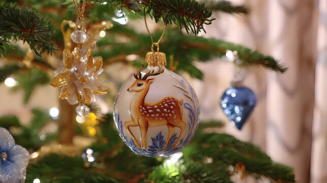 Close-up of a decorated Christmas tree with a glass bauble featuring a hand-painted deer and sparkling ornaments, creating a festive holiday atmosphere.