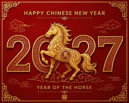 Golden horse zodiac statue with 2027 numbers on red background for lunar new year card.